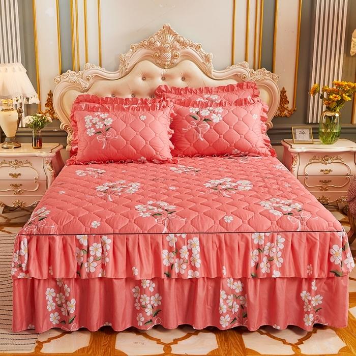 3pcs Contemporary Floral Bed Skirt Set Bedsheet King Size With 2 Pillow Skin-Friendly Double-Layer Full Wrap Anti-Slip Mattress Protector