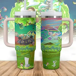 Rick And Morty TV Series Custom Cup 40 oz Tumbler With Handle, Stainless Steel Travel Mug, Large Capacity Insulated Cup, Christmas For Him For Her