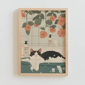 [ SALE UP TO 48% ] Black cat in a bathtub, Japanese bathroom wall art, Relaxation poster, Japan cat wall art, Aesthetic minimalism, Neutral Japandi print