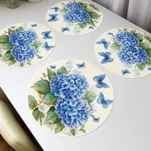 4pcs Romantic Botanical 15-Inch Round Polyester Placemats, Hydrangea Blue pattern, Floral Pattern Placemat, Perfect for Home Kitchen Parties and Dining Decor, Durable Tableware, Table Decor