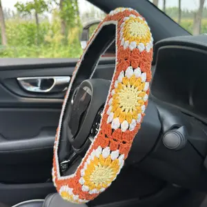 Handmade Crochet Orange Daisy Steering Wheel Covers Universal 14-15 inch for Women and Men