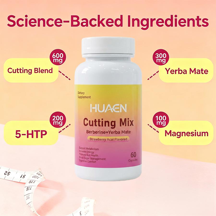 HUAEN Gluten-Free Dietary Fitness Supplement Capsules - Strawberry Acai Flavor, 60 Count, GMO-Free, with Natural Berberine, Chromium, Magnesium, Raspberry Tea Powder, Lemonade, Yerba Mate, Boosts Metabolism, Supports Fitness & Wellness Goals, for All Ages
