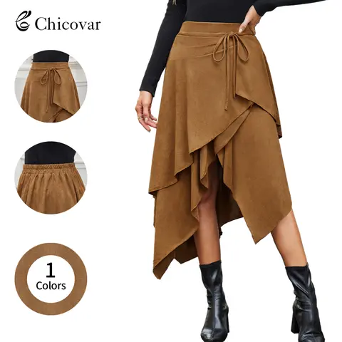 Chicovar Women's Boho Suede Midi Skirt Tie Front Elastic Waist Layered Asymmetrical Hem A Line Skirt for Vintage Outfits, Western Style, Coastal Cowgirl Outfit, Autumn Aesthetic, Date, Country Concert, Office Work, Weekend Casual Outfits, SohoChic