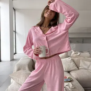New model Pink Fleece Long-sleeved Trousers Pajama Set