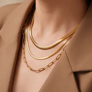 MINDEKA 14K Gold Plated Herringbone Choker Necklace｜16–17” Layered Gold Chain｜Perfect for Daily Wear & Gifting