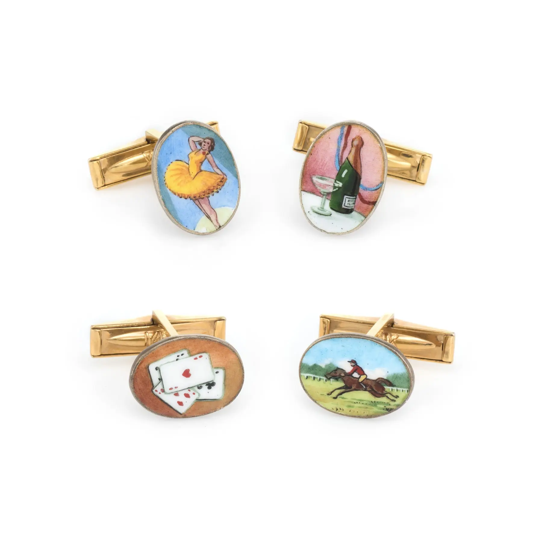 Road to Ruins Cufflinks Vintage 18k Gold Enamel Gambling Cards Horse Racing