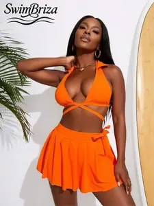 Briza｜Halter Wrap Push Up Bikini In Solid Orange, A Skirted Two-Piece Swimsuit With High Waisted Bikini Sets Style For Vacation Swimwear For Women, Swimsuits 2 Piece, Swim Sets For Women, Bathing Suit Women Set And Cute Swimsuits For Women