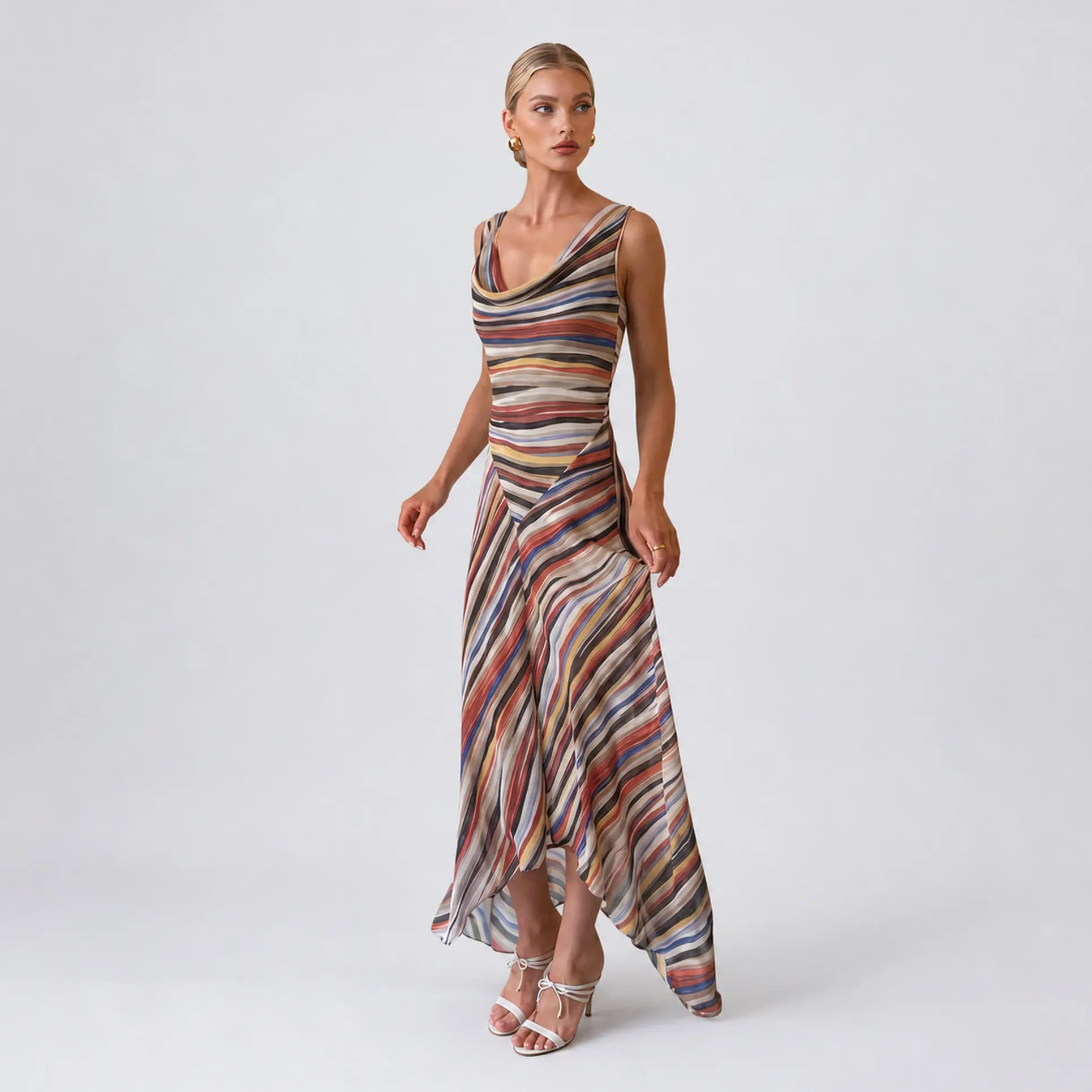 LikeMyChoice Women Colorful Stripe Print Satin Midi Slip Dress Cowl Neck Spaghetti Strap Asymmetrical Irregular Hem Flowy Summer Vacation Party Dress