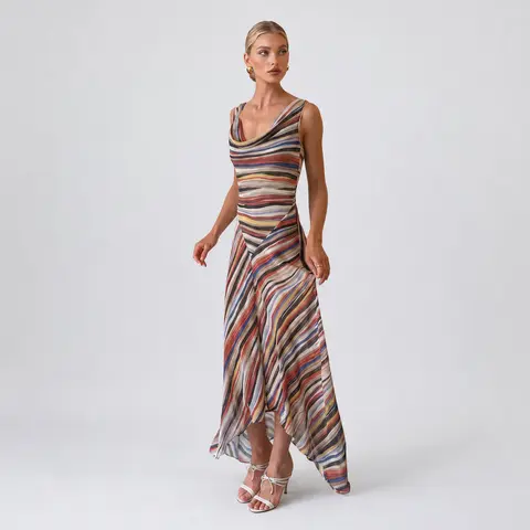 LikeMyChoice Women Colorful Stripe Print Satin Midi Slip Dress Cowl Neck Spaghetti Strap Asymmetrical Irregular Hem Flowy Summer Vacation Party Dress Formal Elegant
