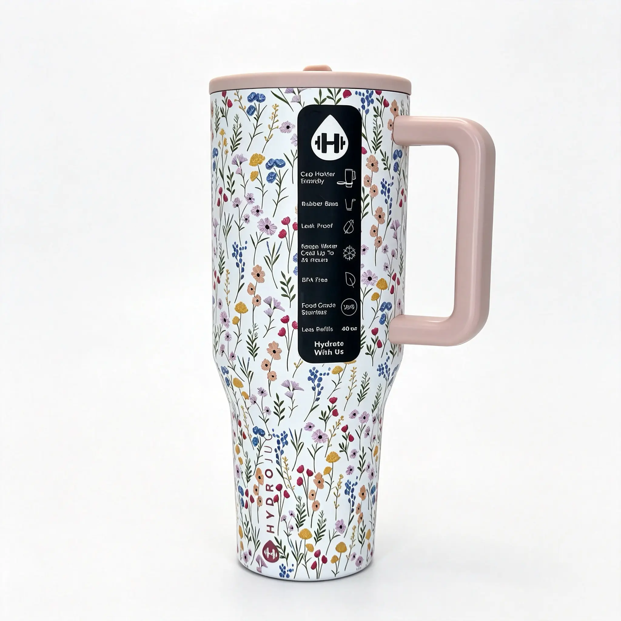 HydroJug 40oz Dainty Wildflower Insulated Tumbler - Drinkware Flask with Pink Handle Lid, Pastel Tiny Floral Pattern, Double Wall Stainless Steel, Leakproof Reusable Travel Cup for Car, Outdoor, Flasks