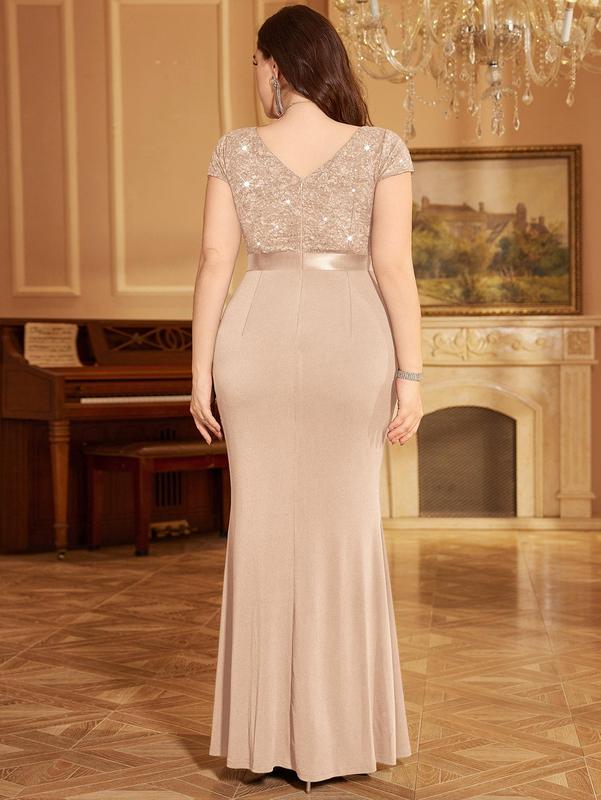 【Plus Size】Missmay P54514A Women's Plus Size Elegant Double V Neck Sequin Lace Contrast Ruched Bodycon Mermaid Hem Homecoming Brithday Wedding Guest Formal Party Maxi Dress