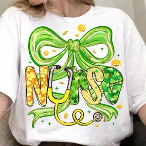 Nurse St Patricks Day Stethoscope Bow T-Shirt, Lucky Nurse Shirt, St Patty's Day Stethoscope Bow Tee, Lucky Shamrock Nurse Shirt