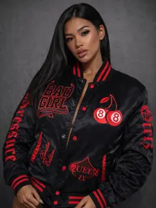 She Got Mad Hustle Limited Edition Black Satin Jacket with Red&Pink Bad Girl & Queen Embroidery