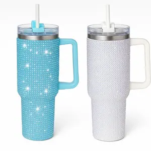 THIRSTEE-Pack of 2 ( Blue and White) Rhinestone 40oz Stainless Steel Insulated Tumbler with Handle and Straw- Reusable Eco-friendly Travel Cup for Hot and Cold Beverages