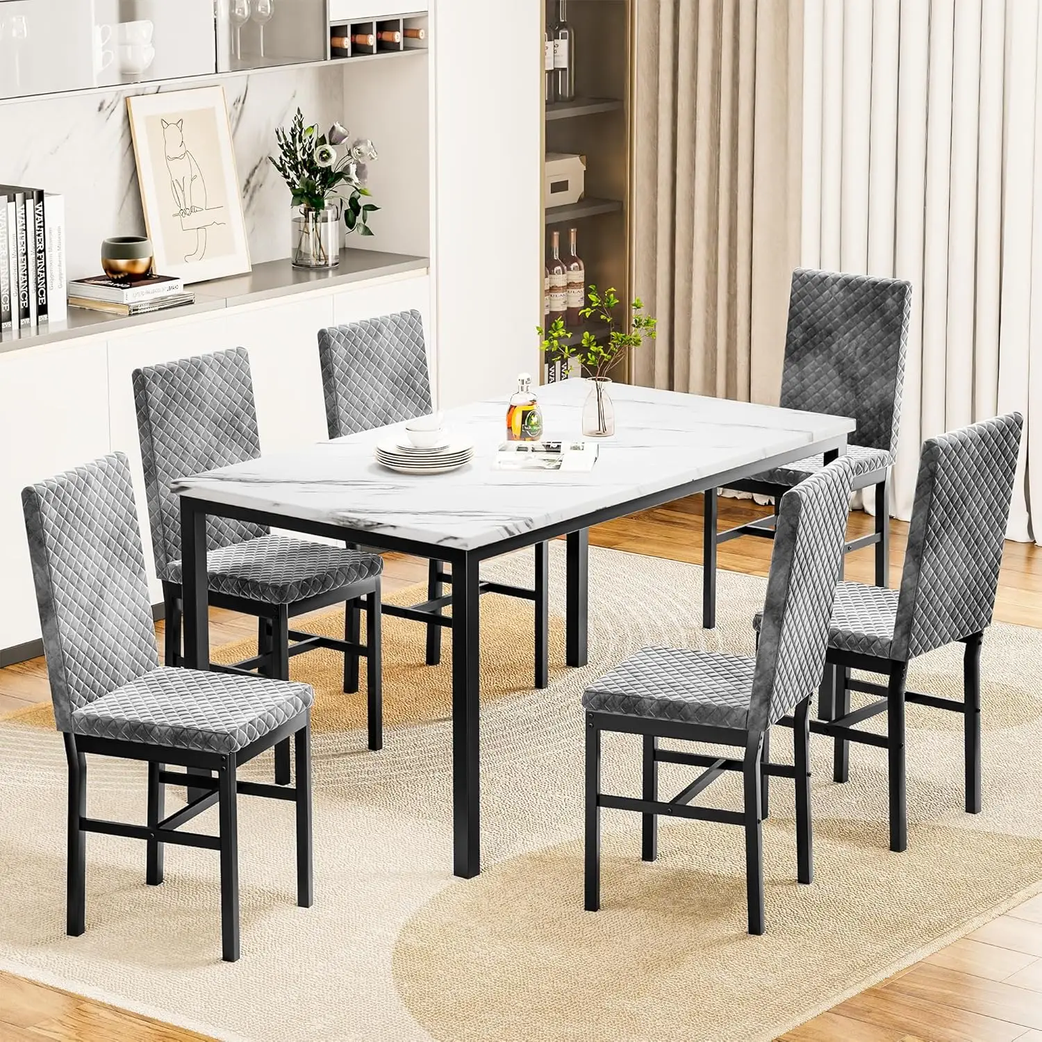 Dinner Table for 6, Faux Marble Dining Room Table Set with Velvet Dining Chairs, 7 Piece Dining Table Set Modern Kitchen Table and Chairs for Big Fami