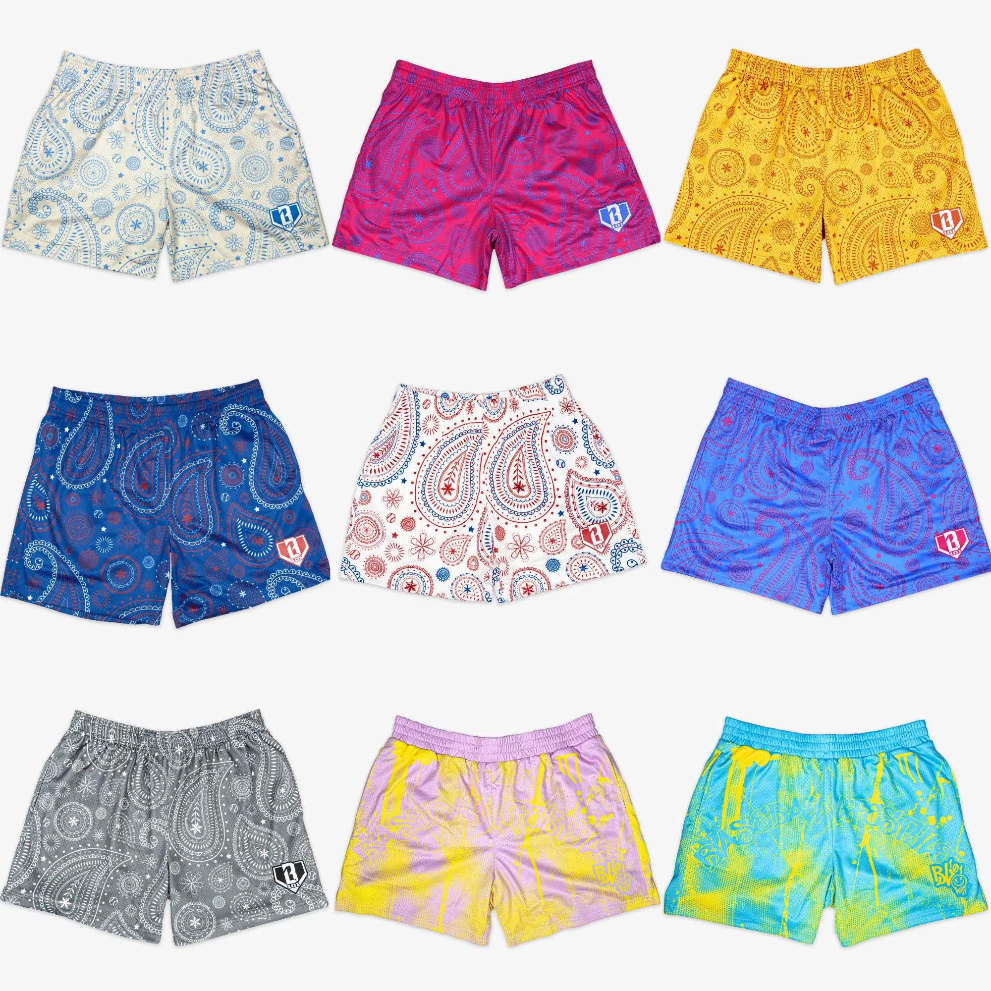 Flash Sale - Men’s Mesh Basketball Shorts, 101 Graphic Design with Paisley Bandana & Paint Splatter Prints