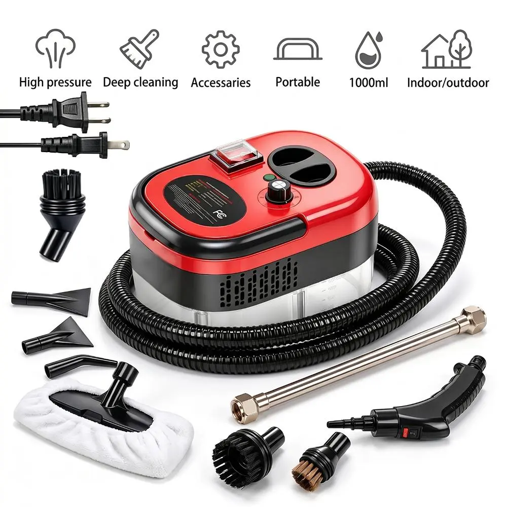 [Summmerfinds] Handheld High-Temperature Pressurized Steam Cleaner, 2500W 3BAR, Multi-Purpose Tool with Multiple Brush Heads for Grease, Grout, Dirt Removal, Ideal for Kitchen, Bathroom, Car Detailing