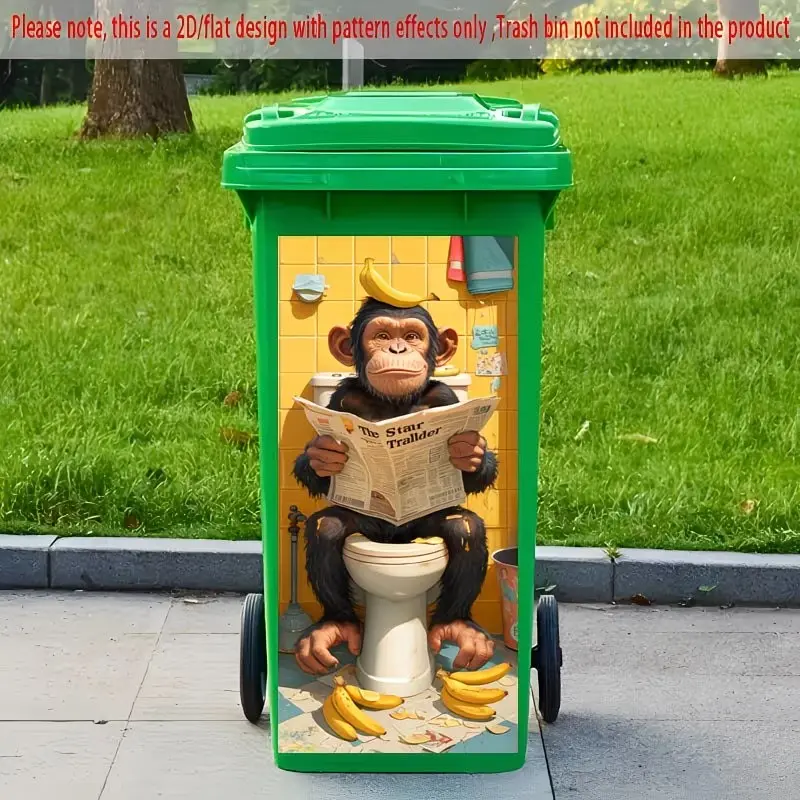 2D Monkey Reading Newspaper Trash Can Sticker, Cute Animal Stickers, Self-Adhesive Removable Outdoor Decor, 14.57 X 32.28 Inches, Kitchen Waste Bin Decoration