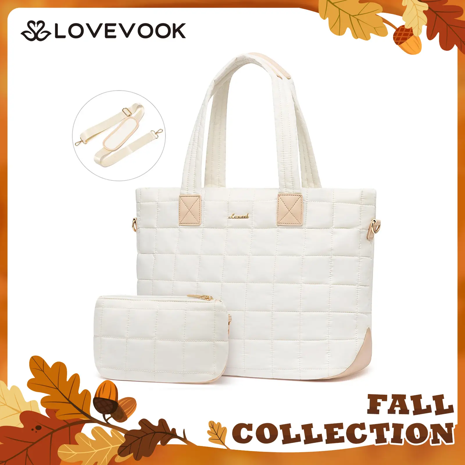 LOVEVOOK Fall 15.6'' and 17.3'' Laptop Tote Bag for Women, Spring Glow Up Large Puffer Tote Bag for Work, Lightweight Quilted Travel Tote Bags for Col
