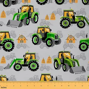 Tractor Fabric By The Yard,1 Yard,Cartoon Farm Equipment Trucks Waterproof Fabric,Harvester Tractor Upholstery Fabric for Chairs,Green Grey Fabric