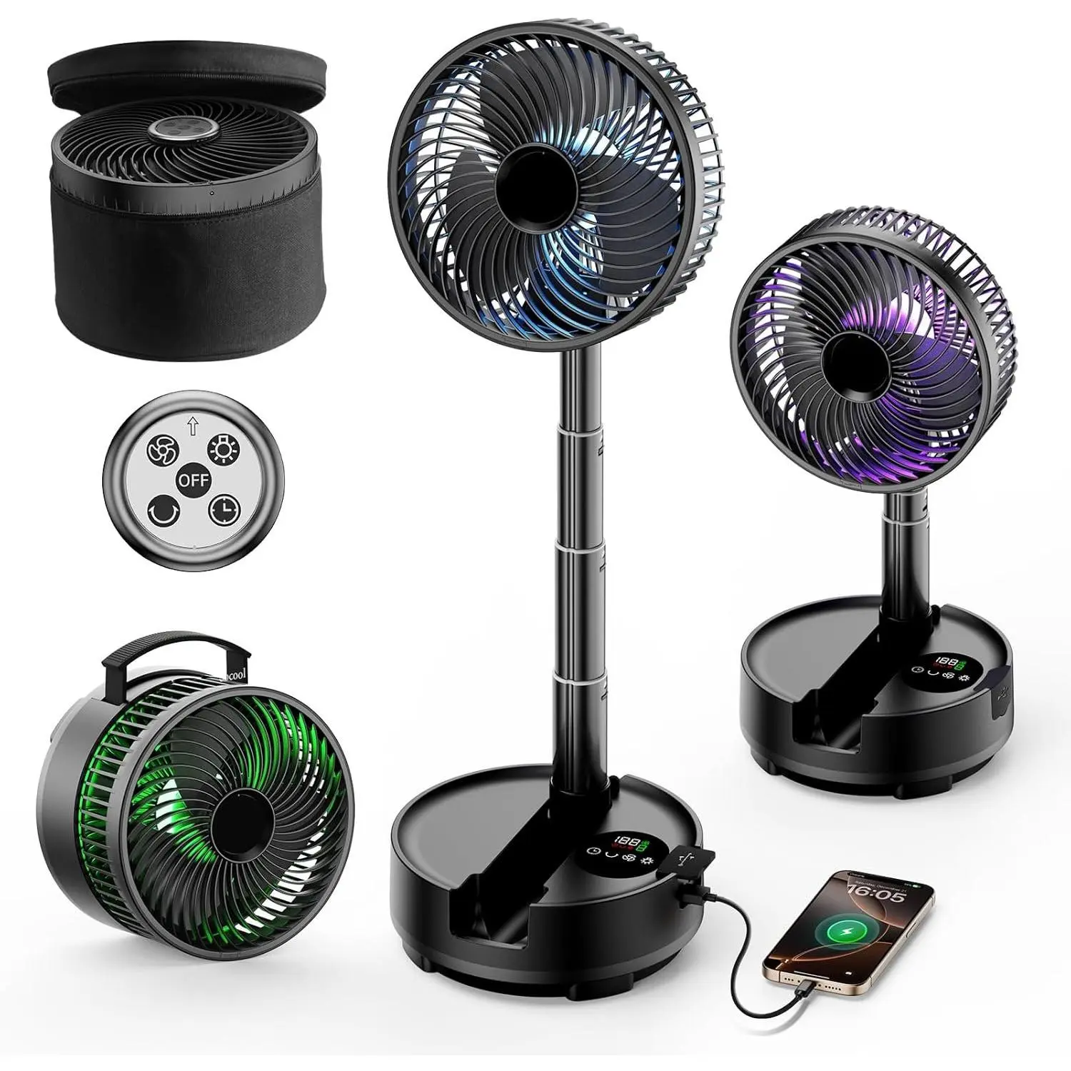 20000mAh Portable  Foldable   Rechargeable with 8-Speed & 112H, 90? Osciliating Floor Standing  Remote, Desk  with 8H Timer & LED Light for  Kitchen Travel Camping