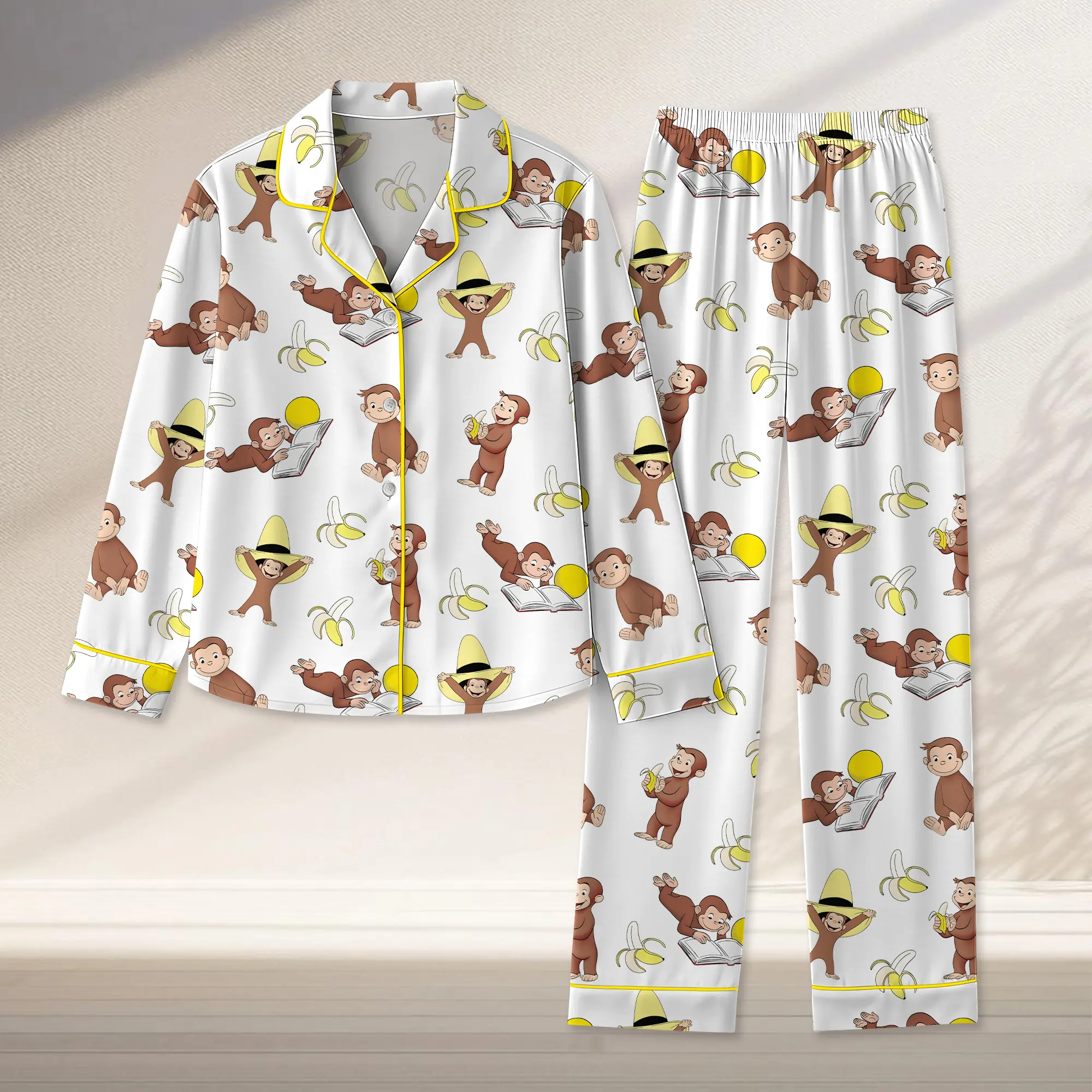 Women's Monkey Banana Print Pajama Set , Cute Monkey & Banana All-Over Print Lapel Collar Button-Front Shirt & Elastic Waist Pants, All-Season Sleepwear, Pajamas for -Like s, Themed Costume Party Outfit