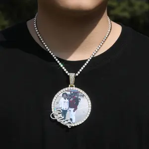Hiphop Jewelry Men's Large Custom Name Round Photo Pendant Necklace Cursive Letters 6.8cm Circle DIY Photo Memory Jewelry Gift High Quality
