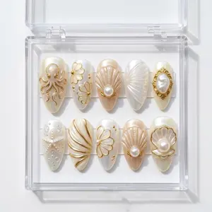 Pearl Seashell Press On Nails, Coastal Bridal Nail Set, 3D Ocean Shell Nails, Luxury Beach Wedding Press Ons