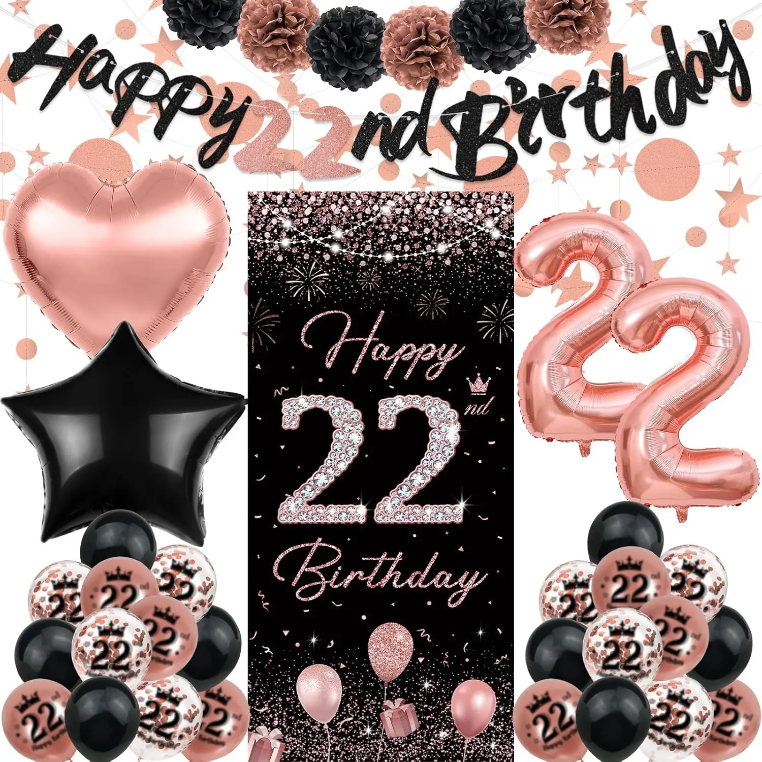 Rose Gold 22nd Birthday Party Decor Pack - Happy Birthday Banner, Backdrop, Balloons, Pompoms, Star Streamers, Letters for Home Celebrations