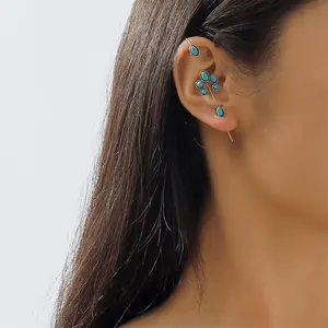 Turquoise Ear Wrap Crawler Hook Stud Earrings for Women Girls Silver Plated Blue Birthstone Flower Long Bar Piercing Ear Cuffs Boho Statement Earrings Bohemian Indian Bollywood Wedding Birthday Christmas Jewelry Gifts