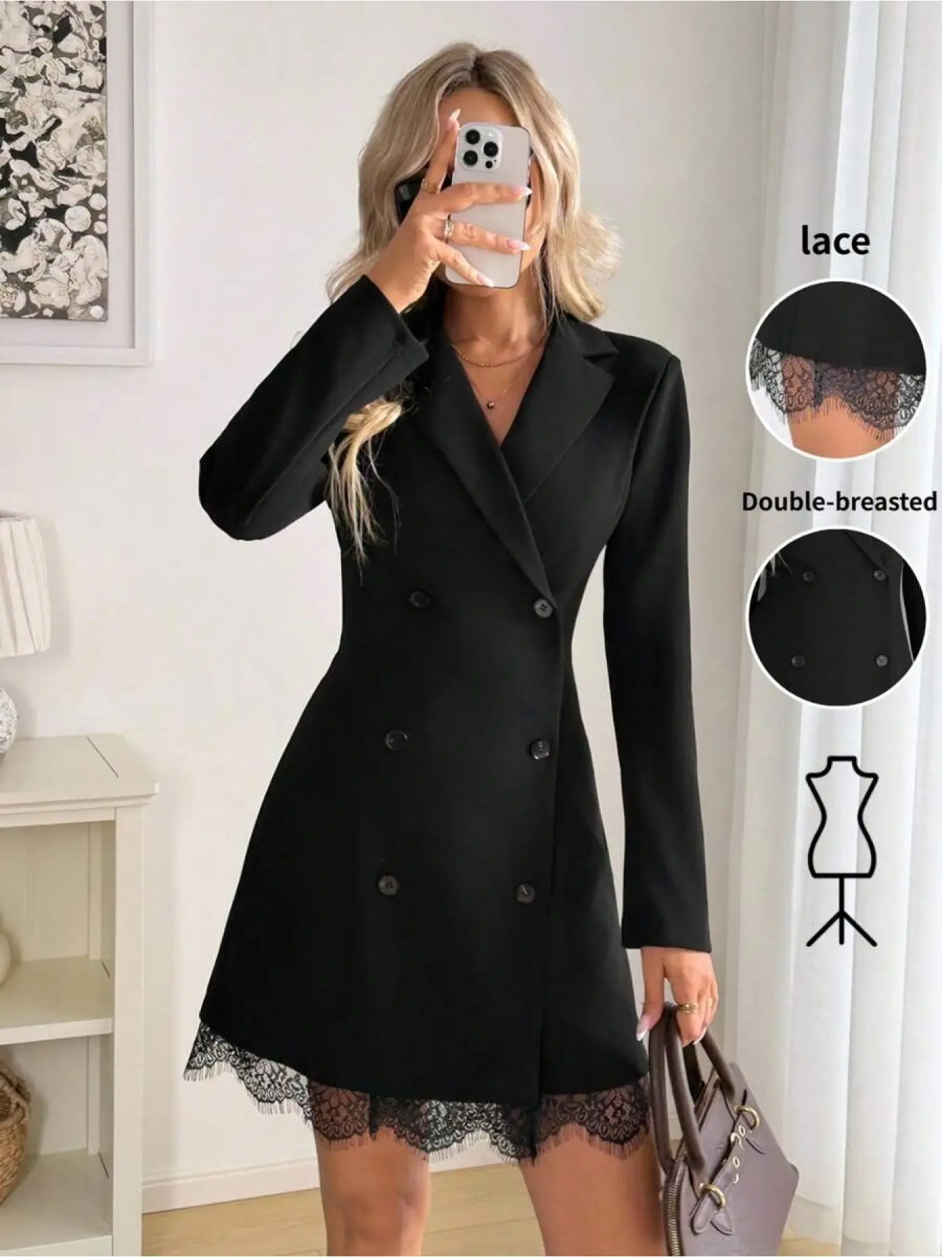 Women's Black Double Breasted Blazer Dress, Elegant Formal Style, With Lace Trim Long Sleeve Lapel Collar For Business Office Wear With Notched Lapel And Delicate Lace Hem For Party Or Office