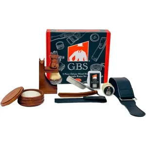 G.B.S Complete Professional Wet Shave Kit Shaving Set- Shave Box Includes 5/8" Inch Carbon Steel Straight Razor with Wooden Handle, Synthetic Hair Shave Brush, Wood Shave Soap Bowl Case Daily