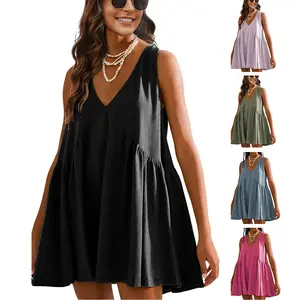 YeeZaa Women's Sleeveless V-Neck Mini Sundress with Pockets 2026 Spring Summer Casual Loose Summer Dress Comfortable Breathable Fabric Solid Color Basic Minimalist Fit Green