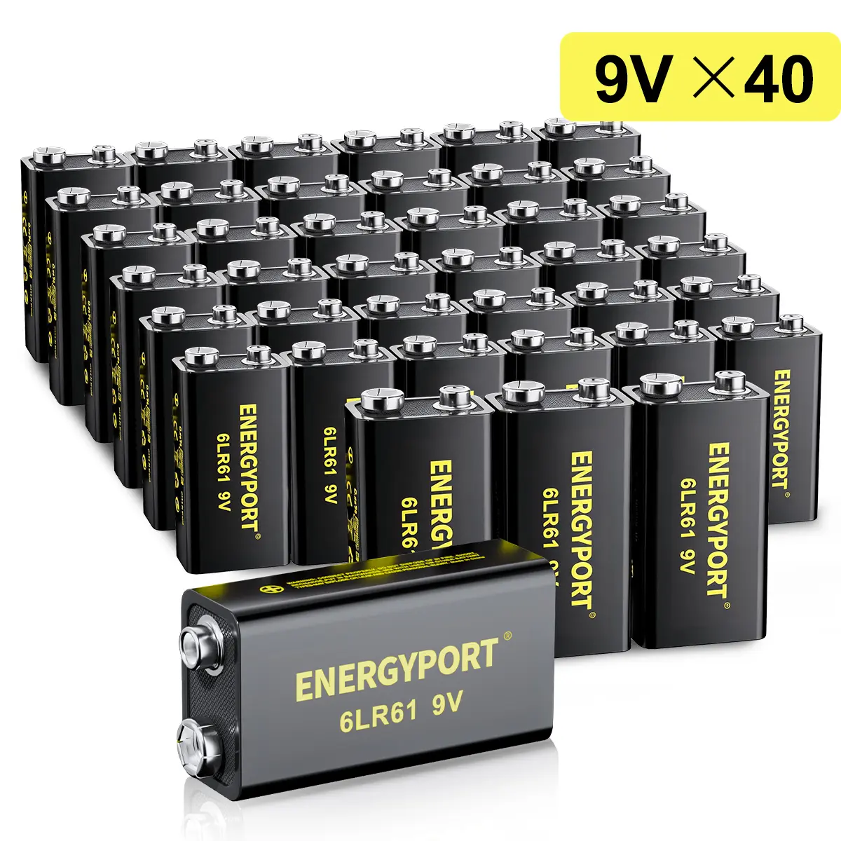 ENERGYPORT High Capacity 9V Batteries 40 Pack, Alkaline 9 Volt Battery 6LR61 for Smoke Detector Fire Alarm and More Devices