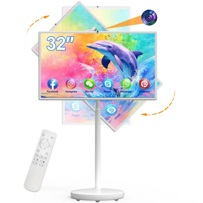 32Inch Touchscreen TV, 4K UHD Portable TV on Wheels, 4K Camera Mobile TV, Android 13, Full Swivel Rotation, Voice Remote Control, 5-8 Hours Long Battery