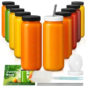 16oz 10 Pack Juice Bottles, Glass Bottles with Lids, Smoothie Cup Lids and Straws, Water Bottle Mason Jar Drinking Glasses for Juicing, Smoothies, Kombucha