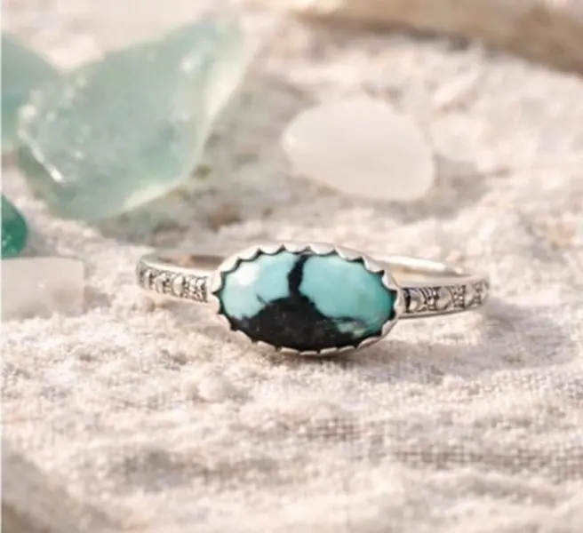 Size 8 Genuine Natural Cloud Mountain Turquoise Sterling Silver Statement Ring - Feminine Elevated Artisan Crafted Southwestern Boho Piece with Elongated Shape, Elegant Elongated Stone Shape, Natural Matrix, Color Variation, Daily Semiprecious Jewelry