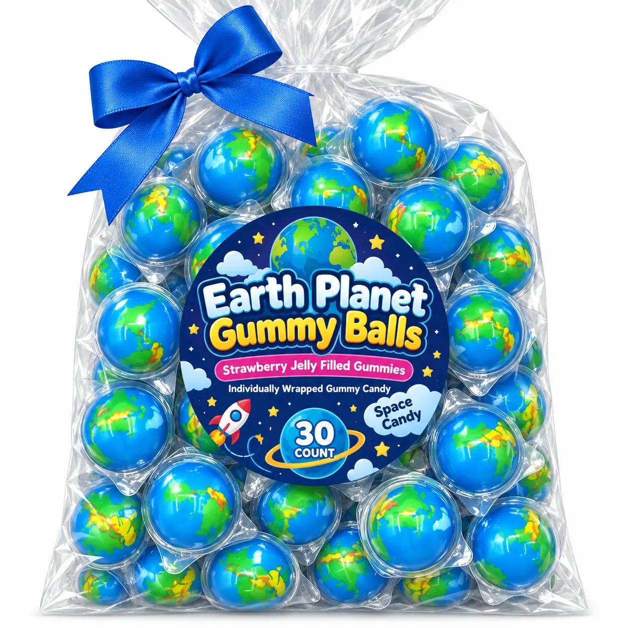 Earth Planet Gummy Balls Snack - Strawberry Jelly Filled Bonbon, 30-Count Jar, Individually Wrapped, Space-Themed Chewy Fruit Candy