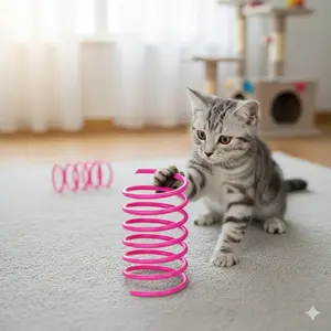 Colorful Spring Cat Toy 4-Pack: Safe Teething Chew Toys for Kittens, Washable Interactive Wand, Wide-Mouth Bouncing Toys, Non-Swallow Certified, Mixed Colors Available for Playful Cats