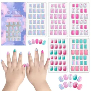 120 Pcs 5 Pack Children Acrylic Fake Nails Press on Pre-glue Full Cover Glitter Gradient Color Rainbow Short False Nail Art Kits Set for Kids Little Girls - Multicolor Gradient Series
