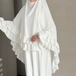 Women's Prayer Robe Set, Pure Color Long Gown with Ruffled Headscarf + Abaya, Elegant Loose Fit for Daily Worship, Parties, Festivals