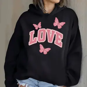 Women's Pattern Hoodie - Trendy 'LOVE' Pink Butterfly Print, Black Cotton Knit Sweatshirt, with Front Pocket, Breathable and Slightly Stretchy