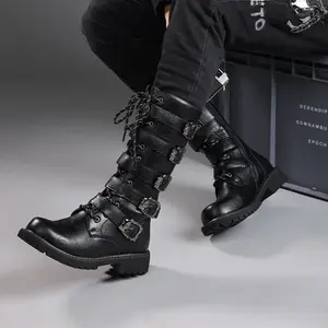UYCEKK Boots for Men Large Size 37-46 Black Knight Boots, with Retro Punk Style Metal Buckle Decoration, Thick-soled Lacing Design, Seasonal Daily Wear, Retro Style Pairs with High-top Long Boots, Riding Boots, Retro Knight Boots And Cowboy Boots
