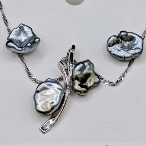 Tide Bloom Baroque Set - Elegant Silver Tone Pendant with Unique Pearl Design and Rhinestone Accents