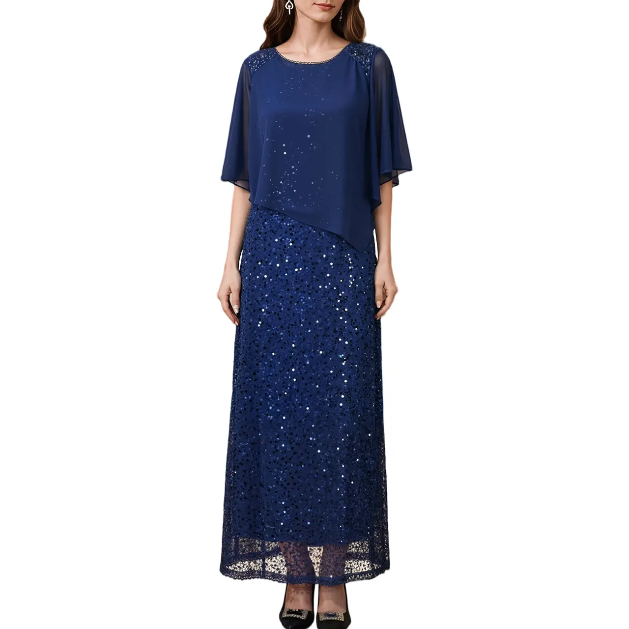 Women's Formal Sequin Capelet Maxi Dress - Chiffon Overlay, Round Neck, Formal Wear, Glitter Sparkly Elegant Dress, Wedding Guest Outfit #LE-LQ257, Elegant Dresses