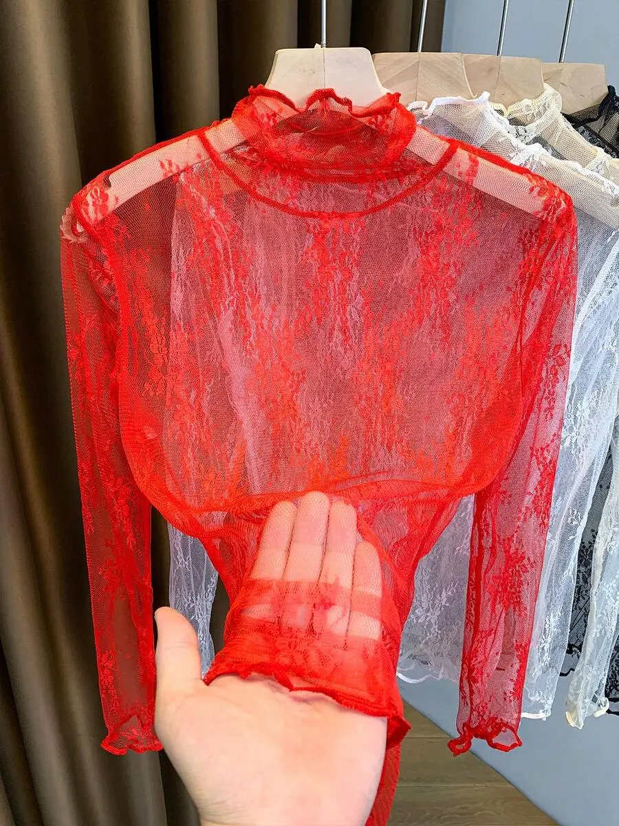 Thin High Neck Lace Camisole For Women, Frill Trim Mesh Undershirt, Spring/Autumn 2024 New Arrival Casual Red - Fall Style, Back To School Outfits