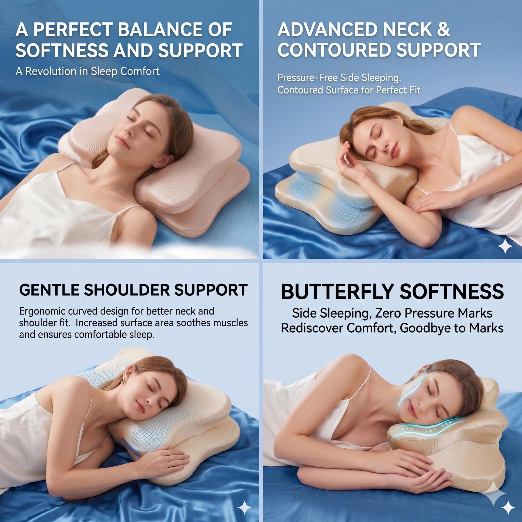 WKEFF Ergonomic memory foam pillow, butterfly-shaped cervical pillow specially for sleep, slow rebound headboard pillow, suitable for side sleepers, back sleepers and stomach sleepers, soft and washable pillowcase