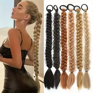 [1pc 24-Inch Synthetic Braided Ponytail Extension] Women'S 24-Inch Synthetic Braided Ponytail Extension, High Temperature Fiber, Elastic Band, Basics Style, Fried Dough Twists Braid, Box Braided Hairpiece, with for Party, Daily, Halloween, Christmas