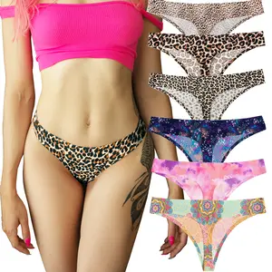 KUKU PANDA Women's Leopard Print Icy Silky Thong Comfortable Tanga Stretchy Panties with Breathable Holes for Everyday Wear