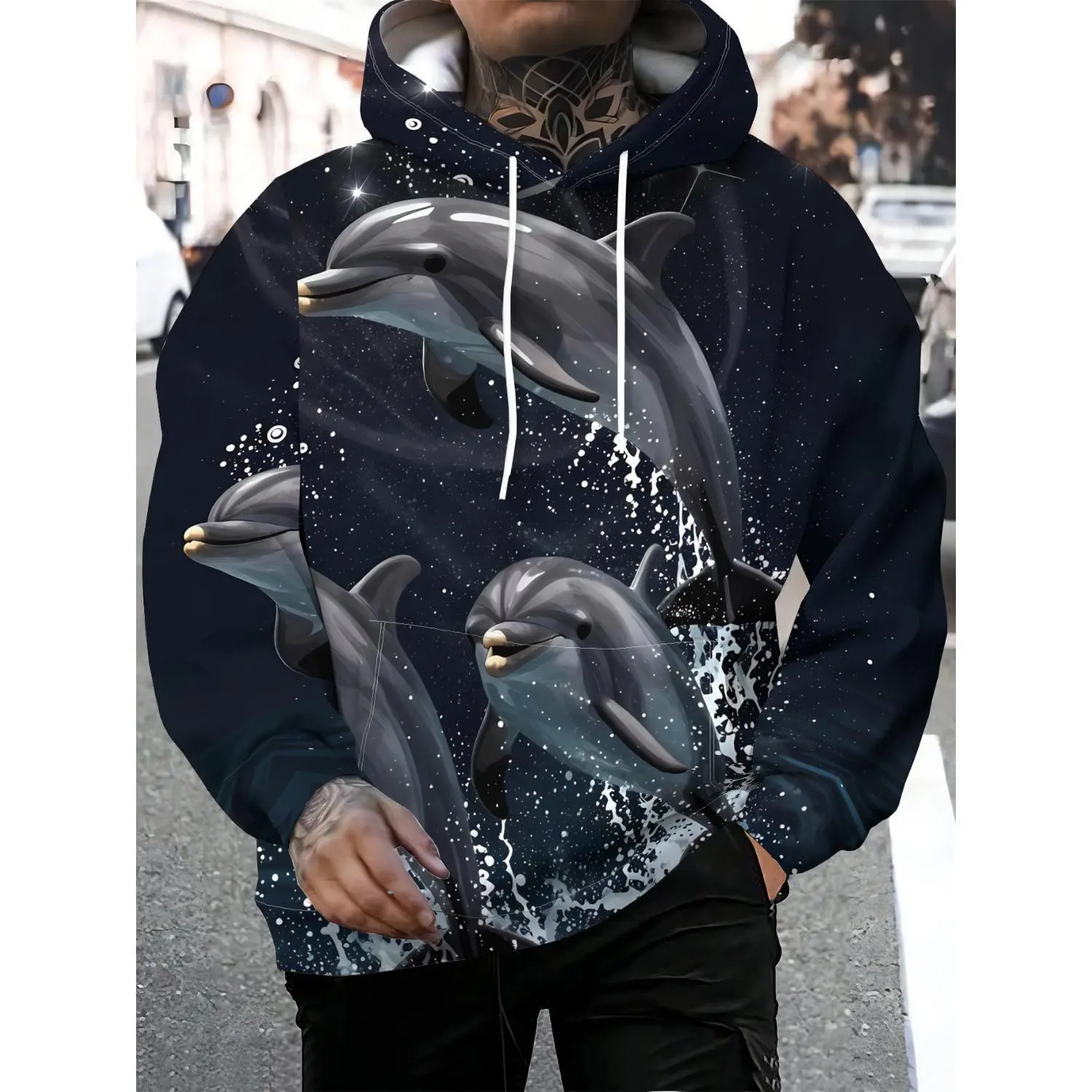 Unlock a New Paradigm of Men's Streetwear: Nighttime Seascape Hoodie with Leaping Dolphins and Starry Sky